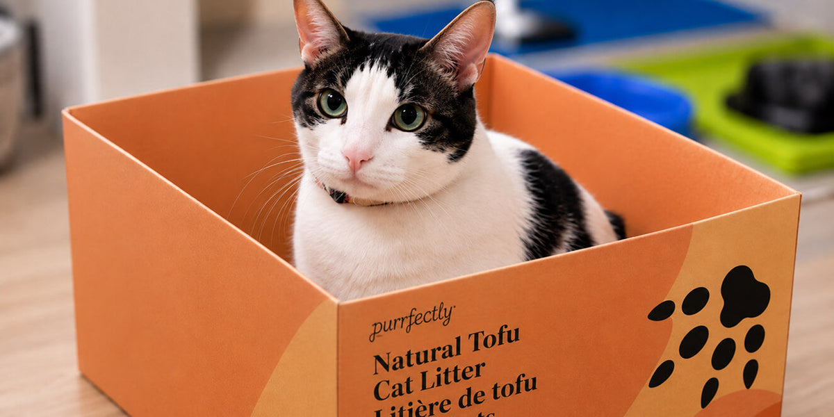 Black and white cat sitting in an orange Purrfectly Natural Tofu Cat Litter box