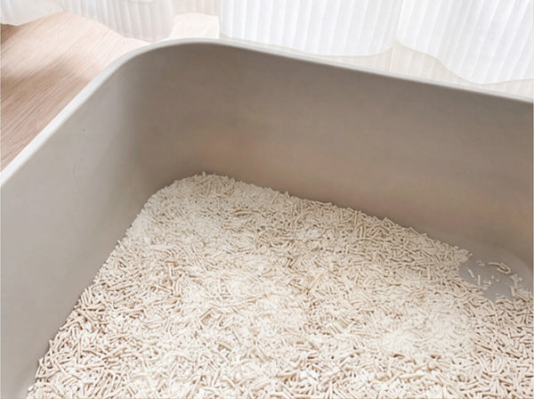 Grey litter box filled with Purrfectly tofu cat litter