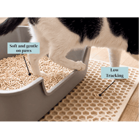 Cat stepping out of a litter box onto a mat, showing tofu litter is low tracking and soft on paws
