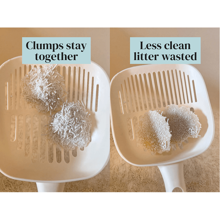 A side-by-side comparison showing a white slotted litter box scoop on a beige floor. The left side has a label reading 'Clumps stay together' and shows two clumped white litter balls in the scoop.