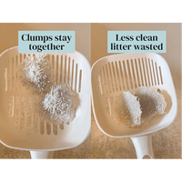 A side-by-side comparison showing a white slotted litter box scoop on a beige floor. The left side has a label reading 'Clumps stay together' and shows two clumped white litter balls in the scoop.