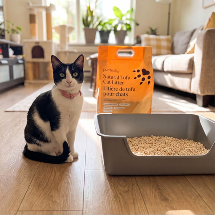 Black and white cat sitting beside a litter box and a bag of Purrfectly tofu litter in a living room