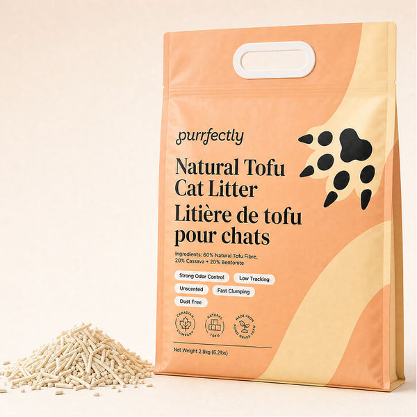 Bag of Purrfectly Natural Tofu Cat Litter next to a pile of tofu litter pellets