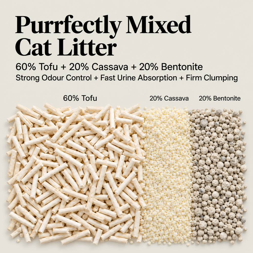 Purrfectly Mixed Cat Litter blend of 60% tofu, 20% cassava and 20% bentonite granules for odour control and firm clumping