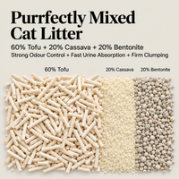Purrfectly Mixed Cat Litter blend of 60% tofu, 20% cassava and 20% bentonite granules for odour control and firm clumping